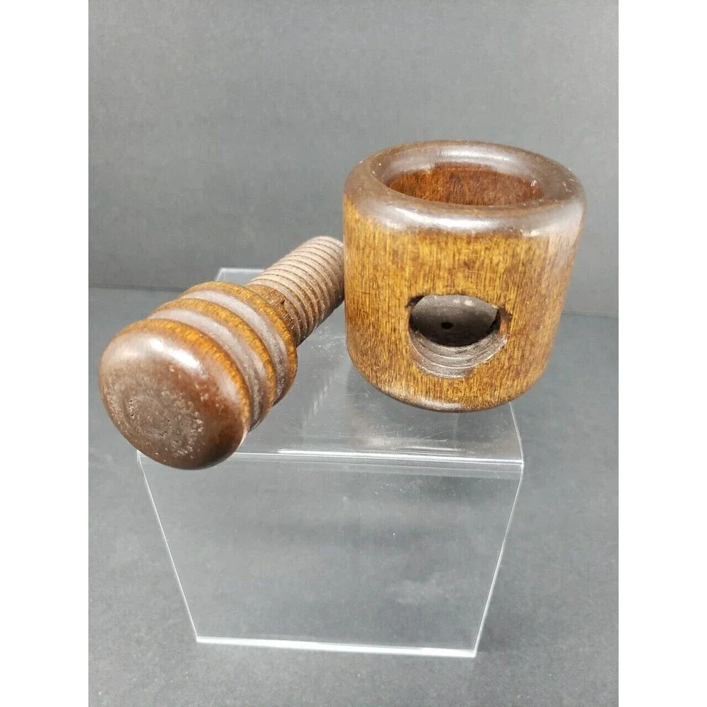 Nut Cracker Wooden Turn Screw Type Vintage Dark Solid Wood Collectible